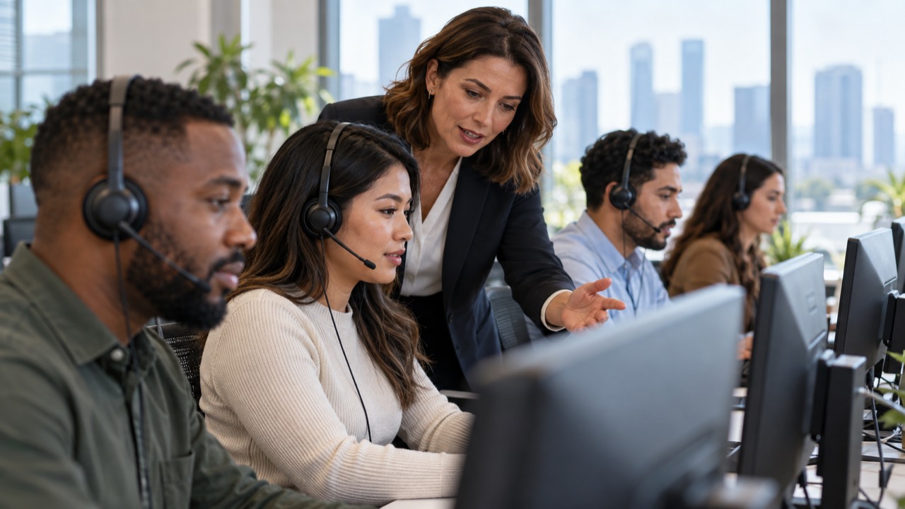 A contact center supervisor coaching agents at their workstations